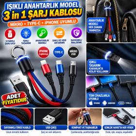 Işıklı Anahtarlık Model 3 in 1 USB Çıkışlı MİKRO,TYPE-C ve İphone Uyumlu Şarj Kablosu
