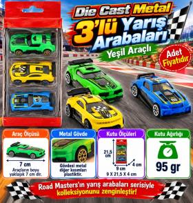 Die Cast Metal 3'lü Yarış Arabaları Yeşil Araçlı