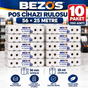 Termal POS Cihazı Rulosu 56 mm x 25 m - 100 Adet (10 Paket) Yazar Kasa Slip Rulosu