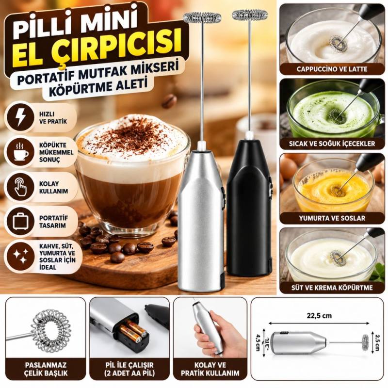 El Çırpıcısı Pilli Mini Portatif Mutfak Mikseri Köpürtme Aleti