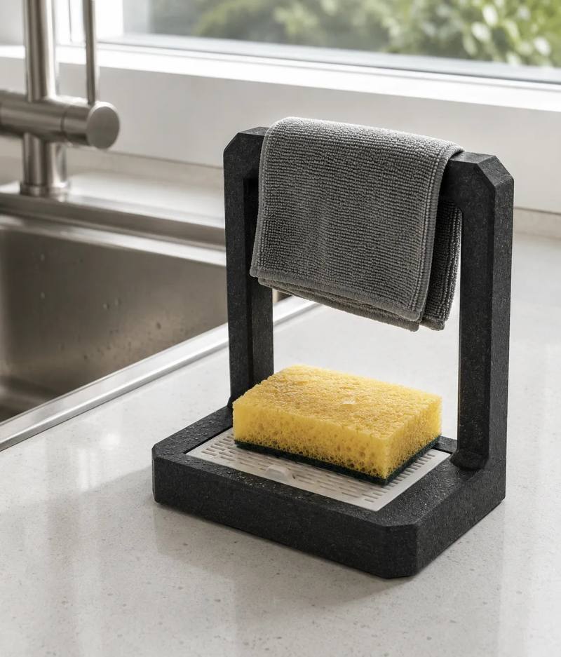 3D Baskı Süzdürmeli Mutfak Sünger Tutucu Bez Askılı Lavabo Sünger Standı Siyah