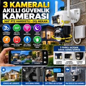 3 Kameralı Kablolu Akıllı Güvenlik Kamerası – 360° PTZ Hareketli, Çift Antenli, WiFi IP, Gece Görüşlü Dış Mekan Kamera