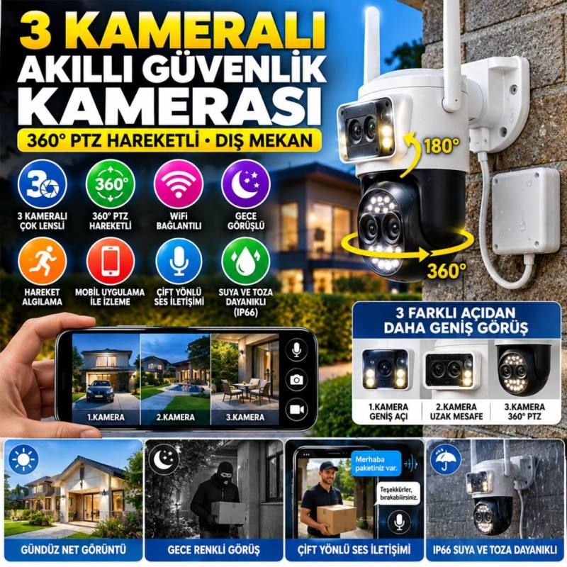 3 Kameralı Kablolu Akıllı Güvenlik Kamerası – 360° PTZ Hareketli, Çift Antenli, WiFi IP, Gece Görüşlü Dış Mekan Kamera
