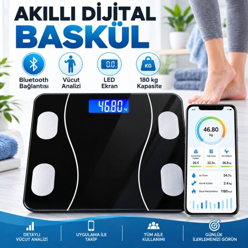 Dijital Baskül Yağ Ölçer Fonksiyonlu Akıllı Baskül Bluetooth Bağlantılı Tartı