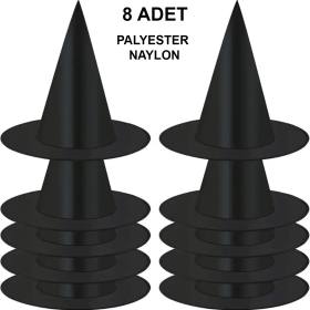 8 Adet Siyah Cadı Şapkası ? Yetişkin & Çocuk Kostüm Aksesuarı