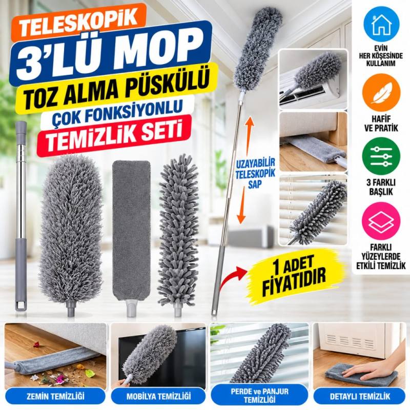 Teleskopik 3'lü Mop Toz Alma Püskülü Çok Fonksiyonlu Temizlik Seti (adet fiyatıdır)
