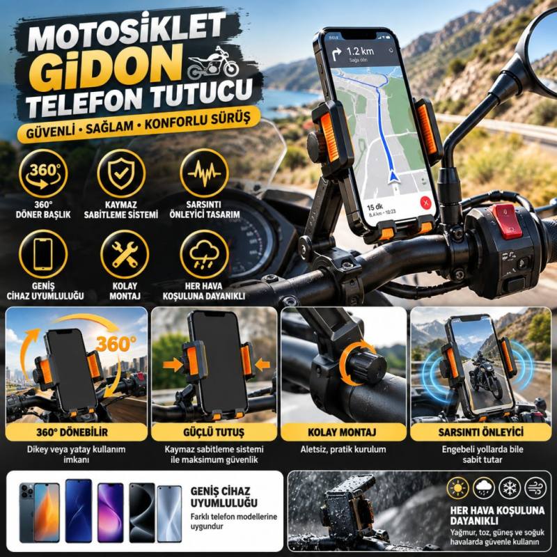 Motosiklet Gidon Telefon Tutucu–360° Döner, Kaymaz Sabitleme Sistemli, Sarsıntı Önleyici Telefon Tutucu Aparat