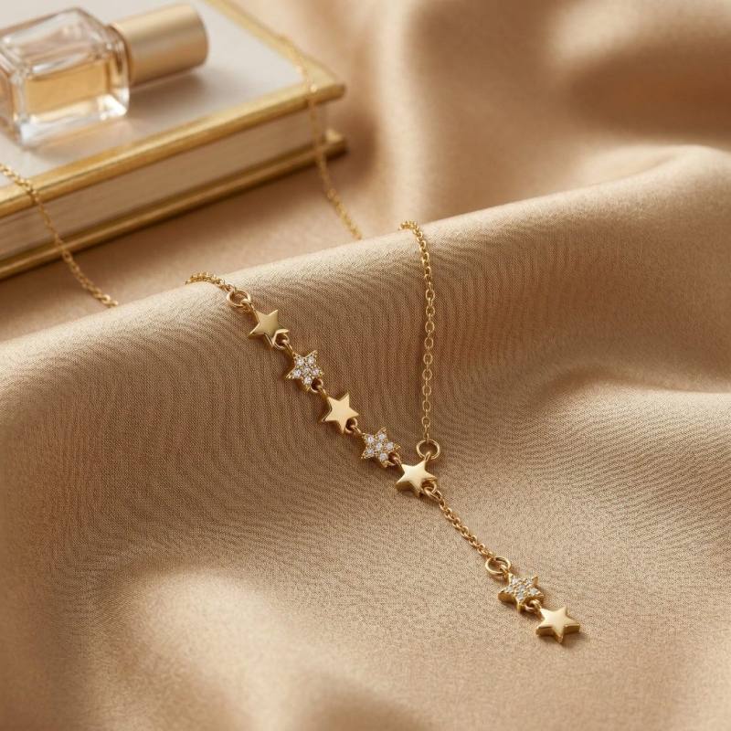 Yeni Sezon Yıldız Detaylı Y Kolye | Zirkon Taşlı Kararmaz Gold Kaplama Çelik Kolye