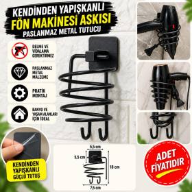 Kendiliğinden Yapışkanlı Siyah Paslanmaz Metal Fön Makinesi Askısı Saç Kurutma Makinesi Tutacağı (adet fiyatıdır)