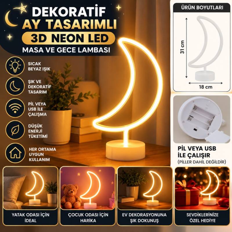 Dekoratif Pilli Ay Tasarımlı 3D Neon Led Masa Ve Gece Lambası