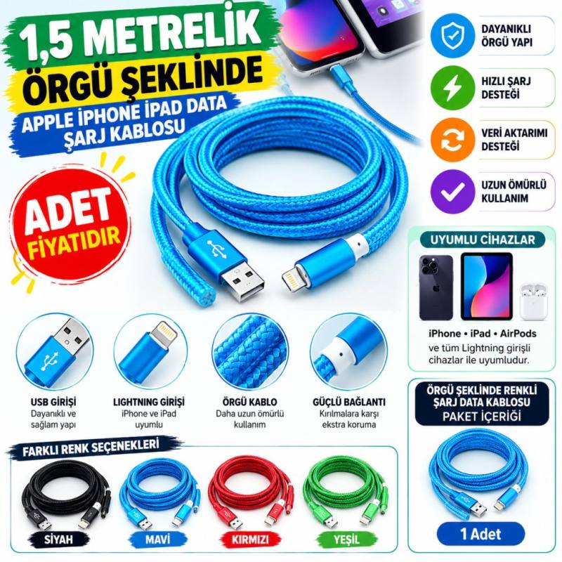 1,5 Metrelik Örgü Şeklinde Apple Iphone Ipad Data Şarj Kablosu - 1 Adet Stokta Olan Renk Gönderilir(adet fiyatıdır)
