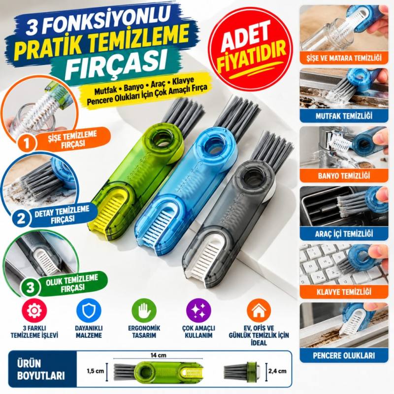 3 Fonksiyonlu Pratik Şişe Temizleme Fırçası Mutfak Banyo Araç İçin Çok Amaçlı Fırça (adet fiyatıdır)