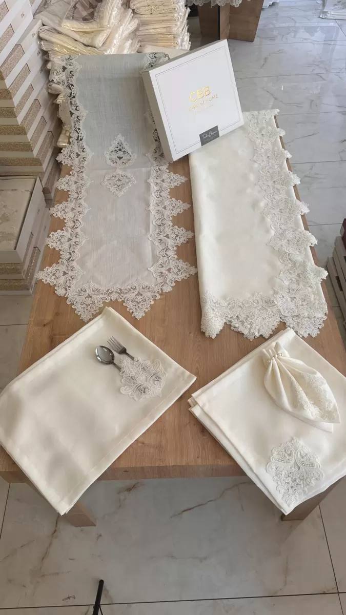 Sofra Takımı Mimoza Gardenya Keten Yemek Takımı 160x220 Masa Seti 26 Parça Runner Set Krem