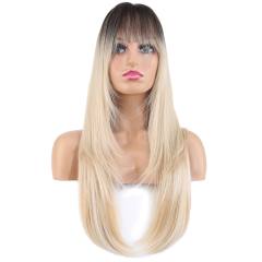 Katlı Kesim Perçemli Düz Fiber Sentetik Uzun Boy Peruk - Kahve / Platin Ombre ve Röfleli