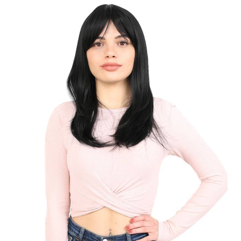 Düz Perçemli Orta Boy Fiber Sentetik Peruk - Siyah