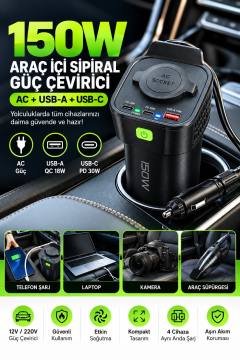 150W Araç İçi Şarj Adaptörü 12V 220V Çakmaklık Girişli 30W Type-C 18W USB Hızlı Şarj