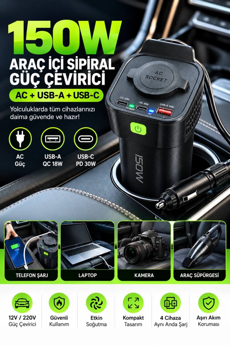 150W Araç İçi Şarj Adaptörü 12V 220V Çakmaklık Girişli 30W Type-C 18W USB Hızlı Şarj