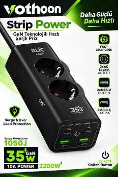 Akım Korumalı Priz 2 AC Soket 2 USB-A 2 USB-C 35W Hızlı Şarj 1050J Koruma 2 Mt Kablo 2200W