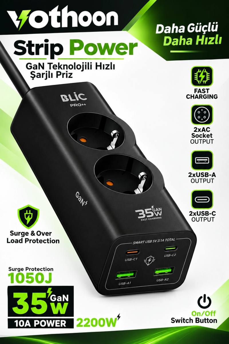Akım Korumalı Priz 2 AC Soket 2 USB-A 2 USB-C 35W Hızlı Şarj 1050J Koruma 2 Mt Kablo 2200W