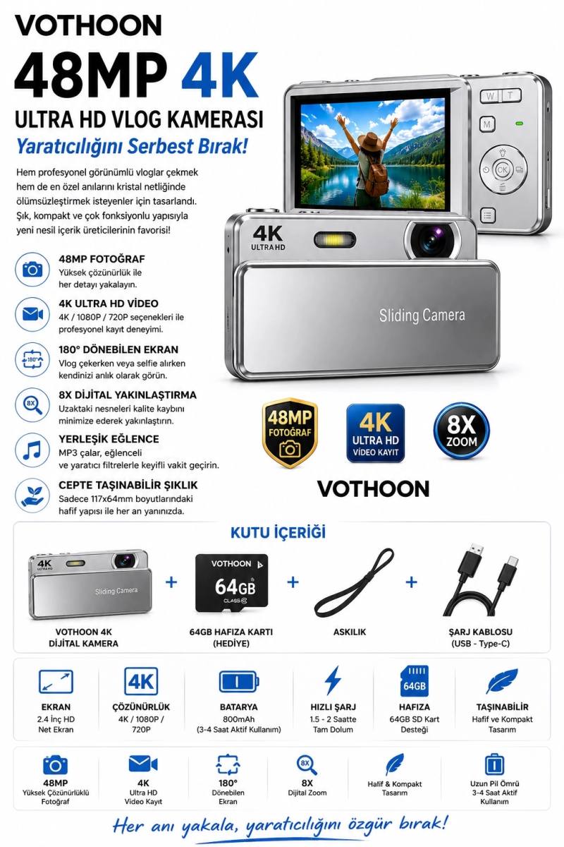Dijital Kamera 4K HD 48MP 8X Zoom Flaşlı Kayar Retro Video Kamera 2.4’’ Ekran 64GB SD Kart Hediyeli Gümüş