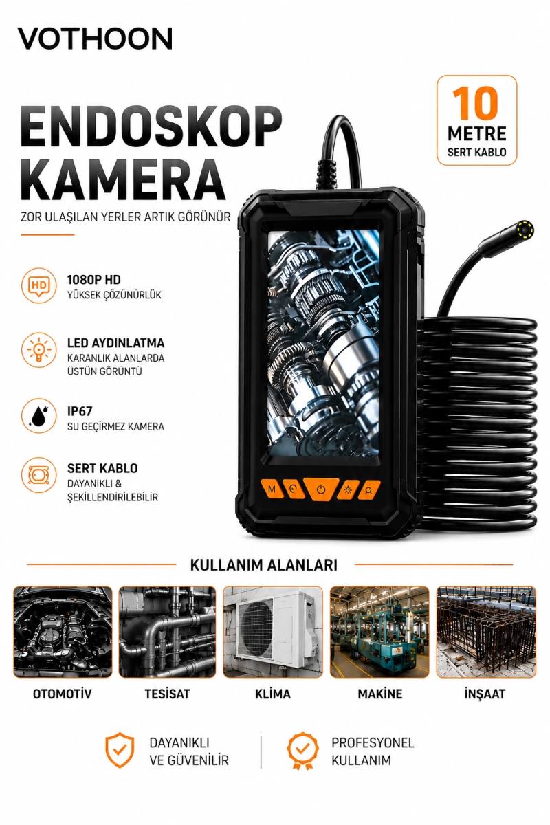 10 Metre Tek Kameralı Endoskop Kamera 1080P HD LED Aydınlatmalı Sert Kablolu Yeni
