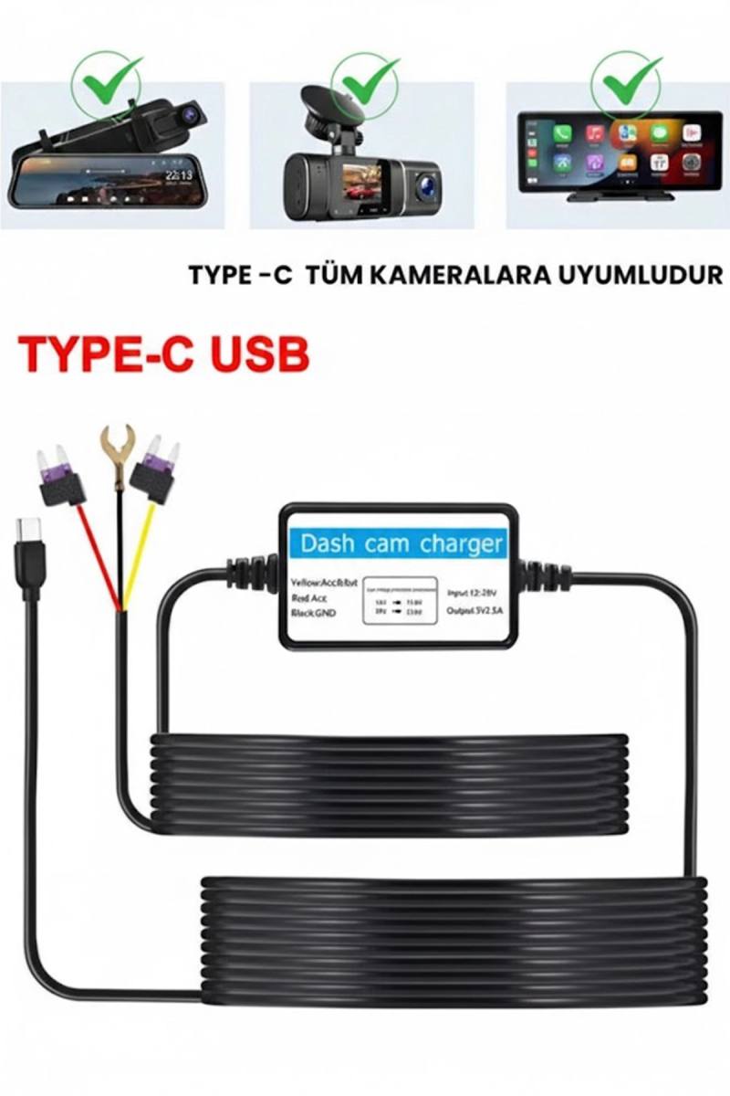 Park Modu Kablosu Type-C Akü Sigorta Bağlantı Kablosu Araç İçi Kamera Tüm Kameralara Uyumlu