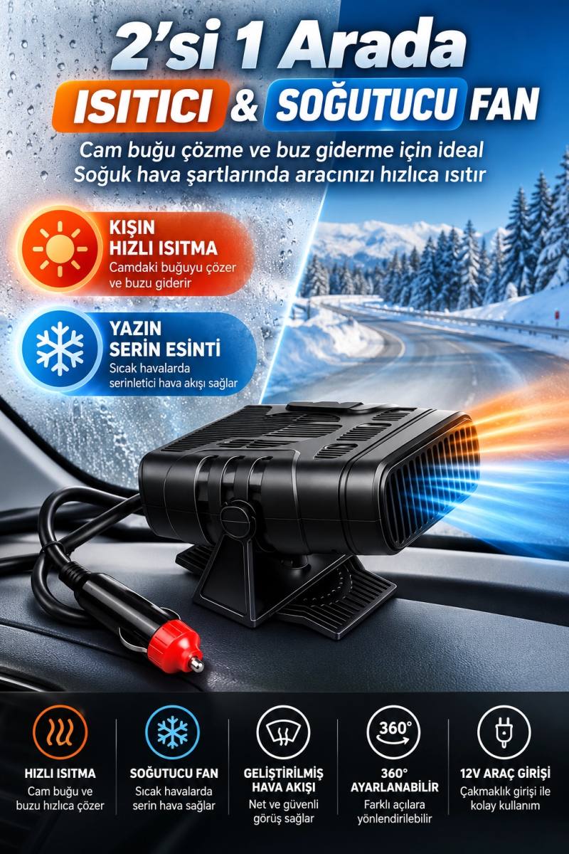 12V Araç İçi Cam Buğu Çözücü Isıtıcı Fan 2’si 1 Arada Sıcak Soğuk Hava Üfleyici Buz Çözücü