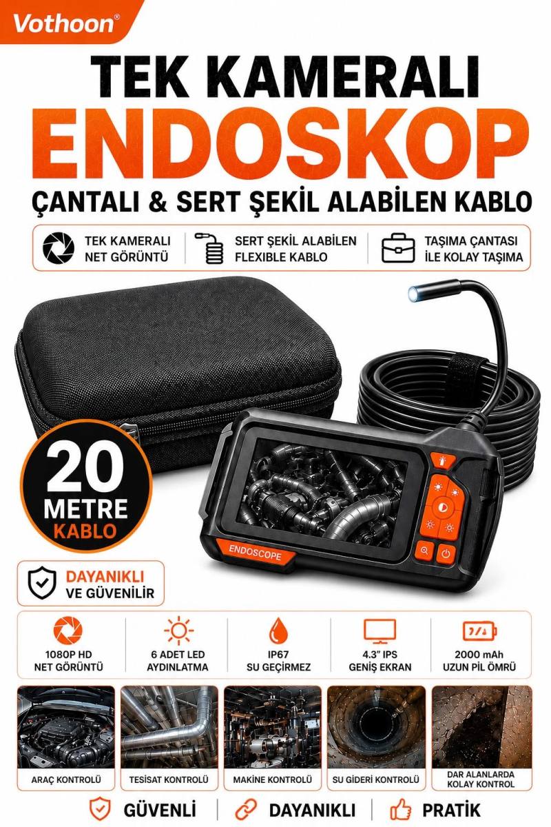 Ekranlı Tek kameralı 20 Mt Sert Kablo Yılan Endoskop Kamera 8 mm 4.3 ınc