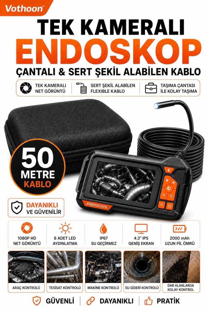 Ekranlı Tek kameralı 50 Mt Sert Kablo Yılan Endoskop Kamera 8 mm 4.3 ınc