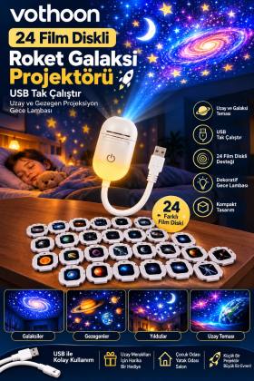 24 Film Diskli Galaksi Uzay Projektörü USB Tak Çalıştır Çocuk Odası Projeksiyon Gece Lambası
