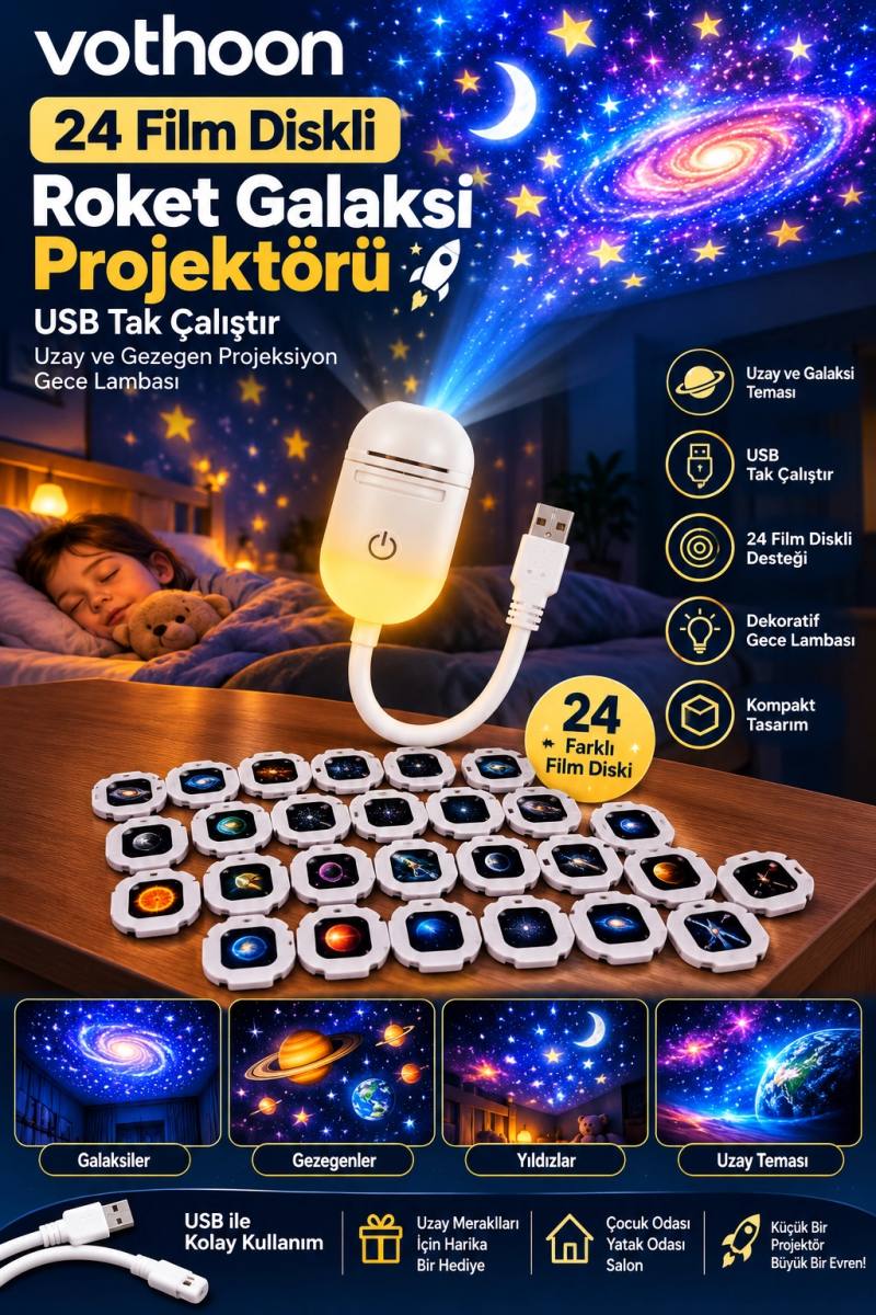 24 Film Diskli Galaksi Uzay Projektörü USB Tak Çalıştır Çocuk Odası Projeksiyon Gece Lambası