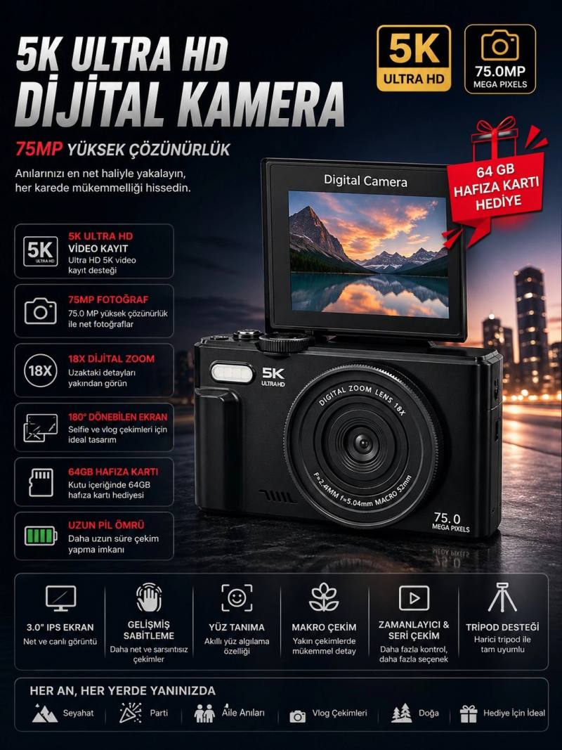 5K 75MP HD Dijital Kamera 18X Dijital Zoom, Flaşlı,3.0 inç Ekranlı Fotoğraf Makinesi