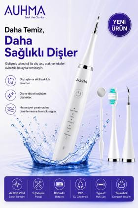 Ultrasonic  Şarjlı Elektrikli Akıllı Diş Temizleme Cihazı Beyazlatıcı 5 Mod 3+1 Başlık, IPX8 Su Geçirmez Beyaz