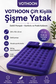 Vothoon Çift Kişilik Şişme Yatak Dahili Pompalı 203x152x22 cm 2 Yastıklı