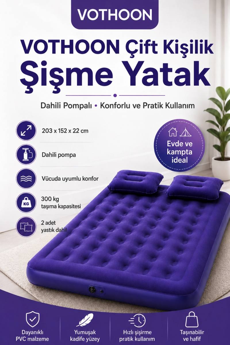 Vothoon Çift Kişilik Şişme Yatak Dahili Pompalı 203x152x22 cm 2 Yastıklı