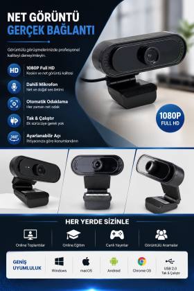 WebCam Orjınal 1080p HD Konferans Kamera Dahili Mikrofon Görüntülü Sohbet Yayın Kamerası HD Video AE-112