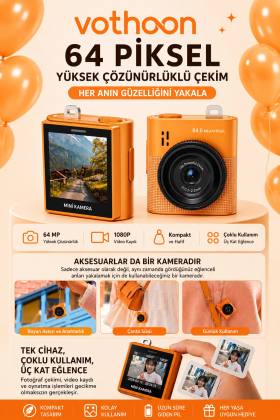 Mini Dijital Kamera 64MP 16x Digital Zoom Retro Vintage 1.4’’Ekranlı Video Kamera Taşınabilir Tasarım Turuncu