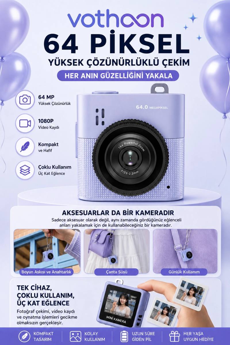 Mini Dijital Kamera 64MP 16x Digital Zoom Retro Vintage 1.4’’Ekranlı Video Kamera Taşınabilir Tasarım Mavi