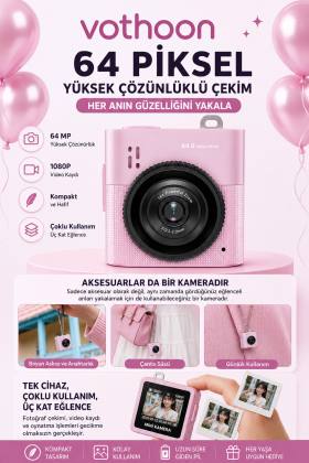 Mini Dijital Kamera 64MP 16x Digital Zoom Retro Vintage 1.4’’Ekranlı Video Kamera Taşınabilir Tasarım Pembe