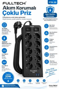 Akım Korumalı 10’lu Çoklu Priz 3680W 20W Hızlı Şarj 2 USB-C 2 USB-A 2 Metre Kablolu Ftr-30