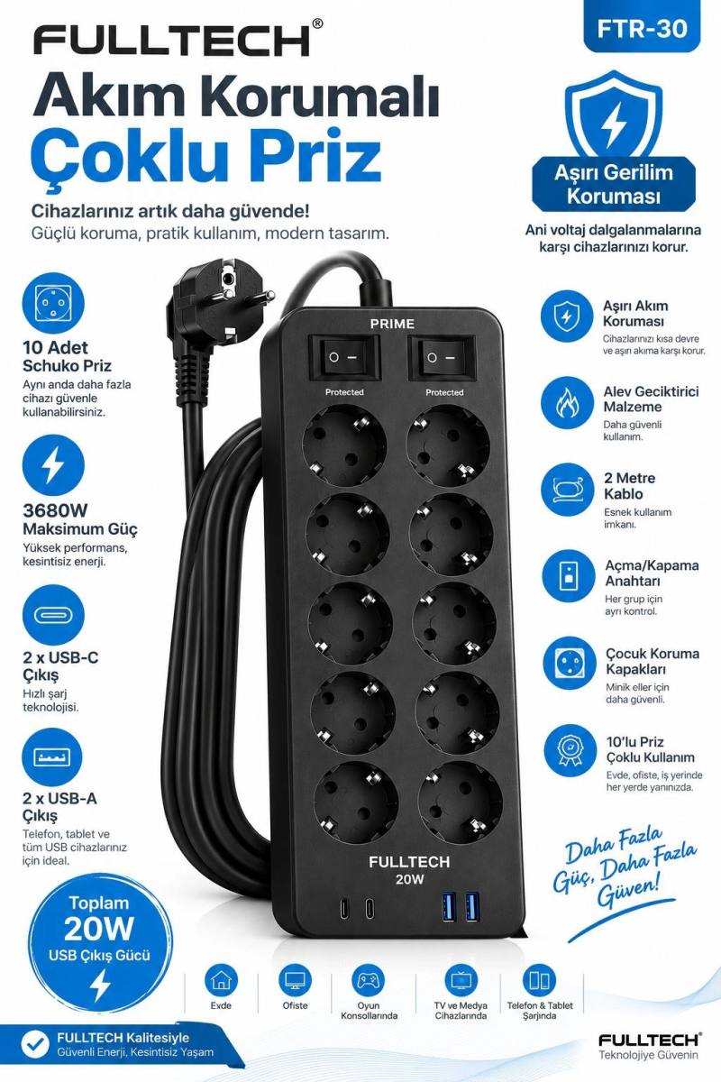Akım Korumalı 10’lu Çoklu Priz 3680W 20W Hızlı Şarj 2 USB-C 2 USB-A 2 Metre Kablolu Ftr-30