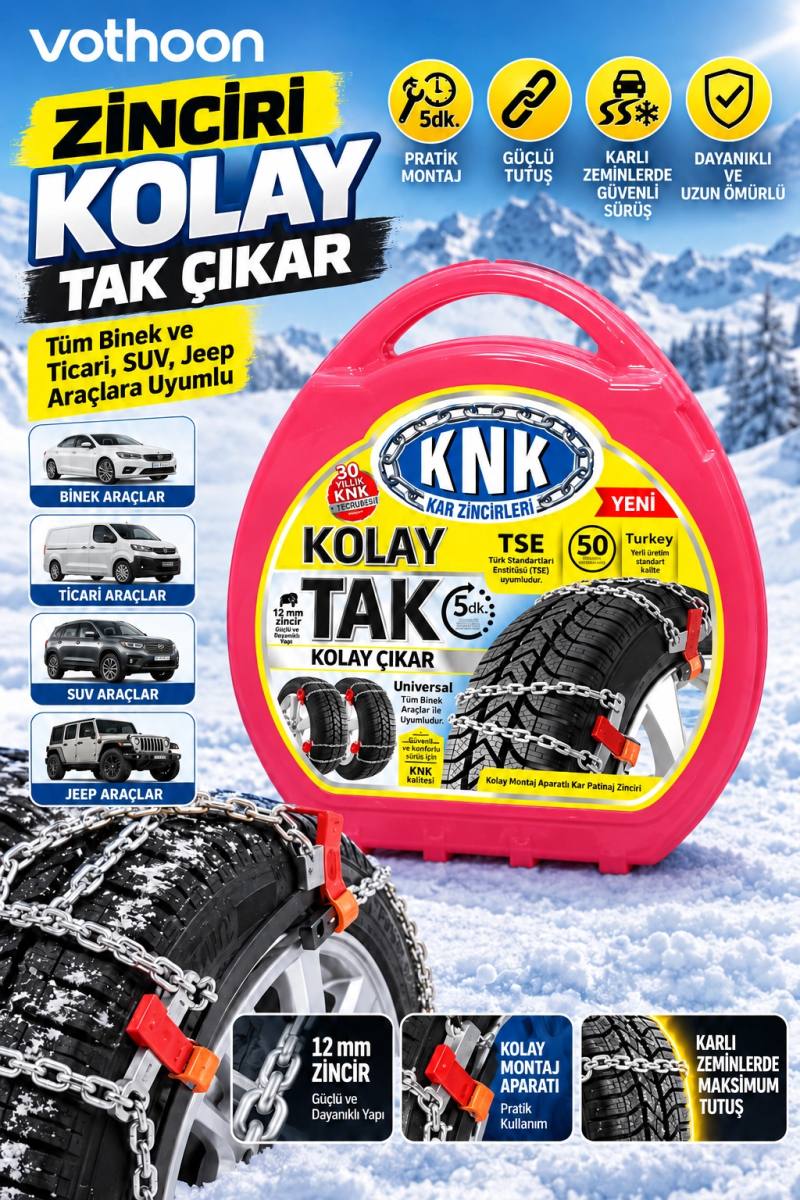 Kolay Tak Çıkar Kar Zinciri 12 mm – Binek, Hafif Ticari, SUV ve Jeep Araçlara Uyumlu Pratik Montaj