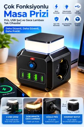 Akım Korumalı 3’lü Priz 2200W 1050J 10A Gece Lambalı 2 USB 2 Type-C Şarj Girişli Bsp-4