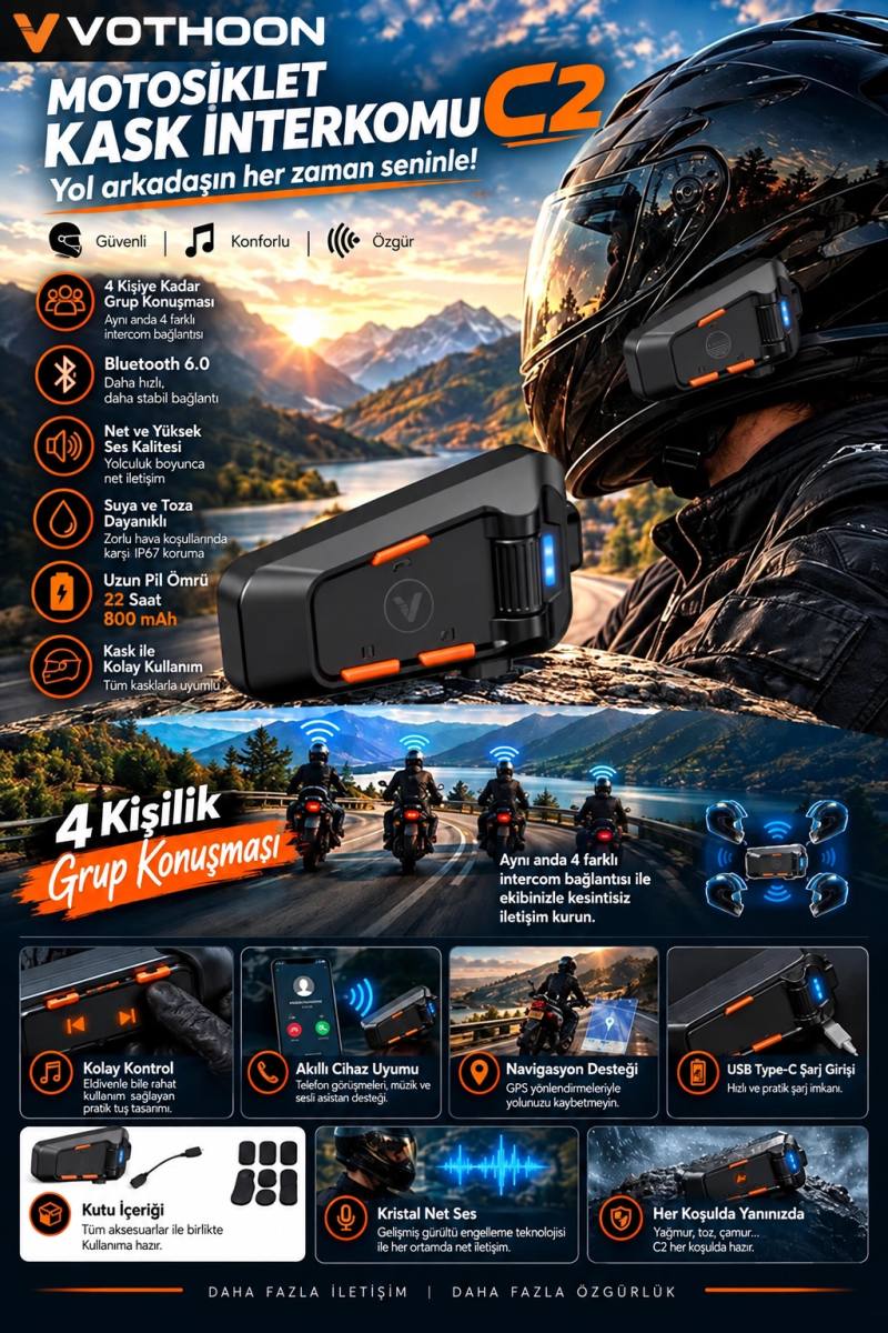 C2 4 kişi Eşleşmeli Motosiklet Kask Kulaklığı intercom Su Geçirmez BT 6.0