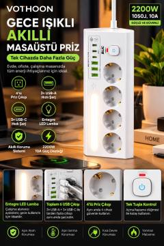 Çoklu Gece Lambalı Üçgen Priz Akım Korumalı 4’LÜ Priz 3XUSB 3XType-C Çıkışlı Grup Priz Beyaz
