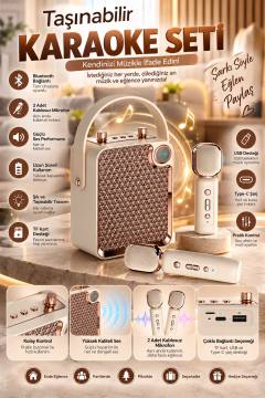 Bluetooth Karaoke Hoparlör 2 Mikrofonlu Taşınabilir Şarjlı Müzik Seti Ses Değiştirme Özl