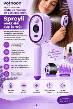 Elektrikli Spreyli Saç Tarağı 300 mAh Type‑C Şarjlı İnce Spreyli Antistatik Bakım Fırçası mor