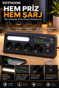 Çoklu Gece Lambalı Üçgen Priz Akım Korumalı 4’LÜ Priz 3XUSB 3XType-C Çıkışlı Grup Priz Siyah