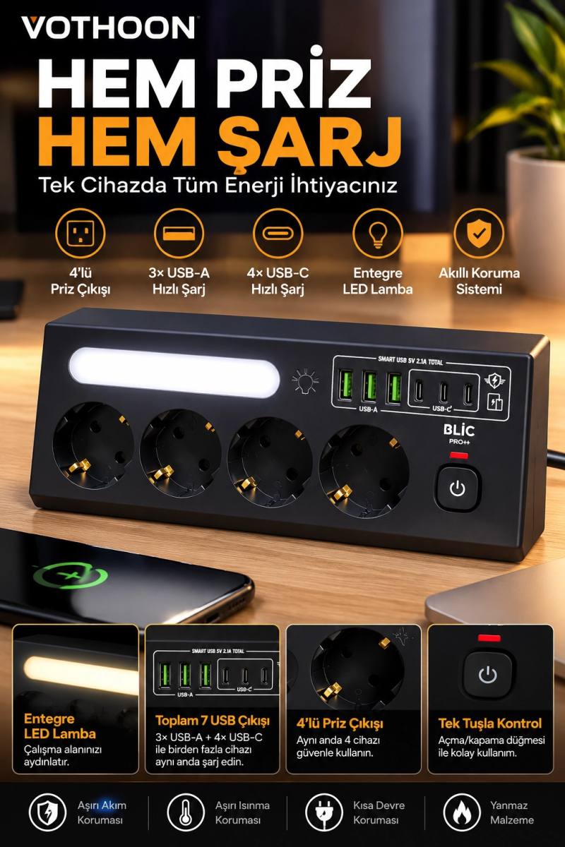 Çoklu Gece Lambalı Üçgen Priz Akım Korumalı 4’LÜ Priz 3XUSB 3XType-C Çıkışlı Grup Priz Siyah