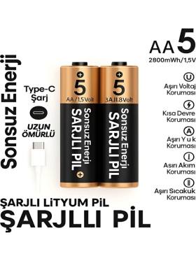 Type-C Şarjlı 2800MWH 1.5V Şarj Edilebilir 2’li AA5 Kalem Pil - Lityum Iyon Batarya